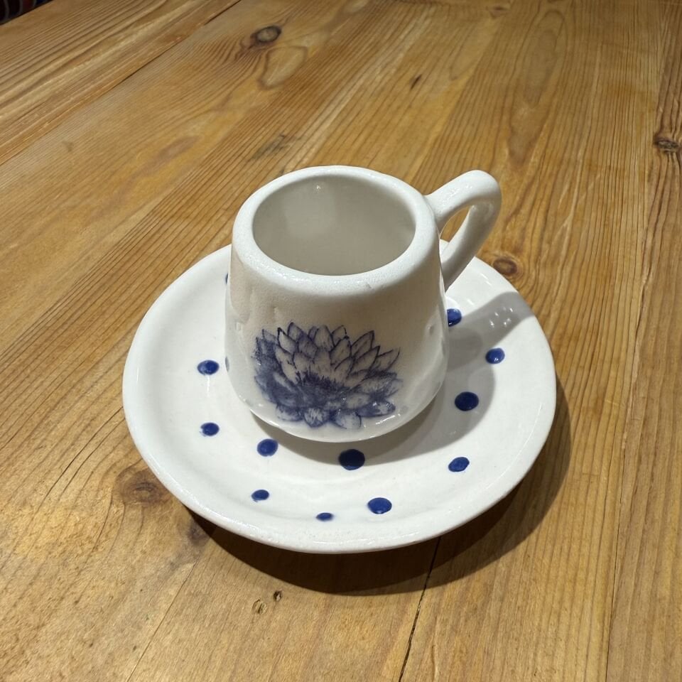 Lacivert Lotus Desenli Seramik Fincan Seti